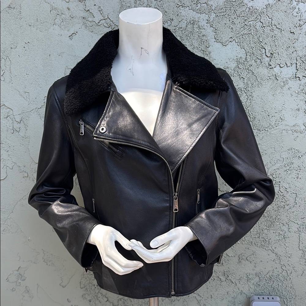 Lauren Ralph Lauren Black Leather Moto Jacket with Fur Collar